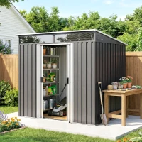 Outsunny 6.5x4FT Galvanised Metal Shed with Foundation Kit, Lockable Garden Tool Storage House with Sliding Doors, Vents, Grey(m-10)