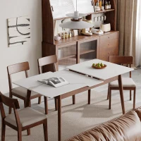 Extendable Dining Table with Stone Slab Tabletop, Sturdy Kitchen Table with Rounded Corners, 59″ L x 31.5″ W x 29.5″ H, White+Walnut(m-5)
