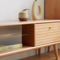 Modern TV Cabinet with High-Quality Glass Doors, Sturdy TV Stand with 2 Pull-Out Drawers, 71″ L x 12.5″ W x 16.5″ H, Natural Wood(m-7)