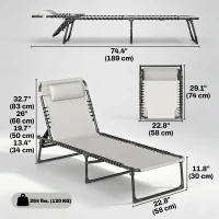 Outsunny Outdoor Folding Lounge Chair, 4-Level Adjustable Chaise Lounge with Headrest, Tanning Chair Beach Bed, Reclining Lounger Cot for Camping, Hiking, Backyard, Cream(m-3)