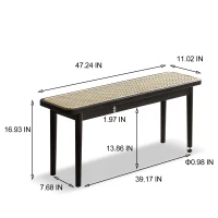 Solid Oak Bench with Handcrafted Octagonal Weave Rattan Top, Versatile Entryway Seating for Modern Daily Use, 47″ L x 11″ W x 17″, Black(m-3)