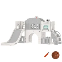 Qaba 9 in 1 Toddler Slide with Basketball Hoop, Climber, Telescope, Tunnel, Steering Wheel, for 1-3 Years, Grey(m-11)