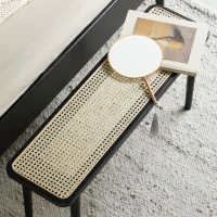 Solid Oak Bench with Handcrafted Octagonal Weave Rattan Top, Versatile Entryway Seating for Modern Daily Use, 47″ L x 11″ W x 17″, Black(m-4)