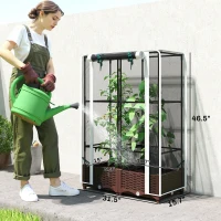 Outsunny Raised Garden Bed with Trellis, 46.5" Tomato Cage with Crop Cage, Self Watering Planter Box with Drainage Holes, White(m-3)