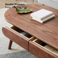 Solid Coffee Table with Modern Oval Top and Rounded Corners, Sturdy Center Table with 2 Storage Drawers, 47″ L x 22″ W x 16.5″ H, Walnut(m-4)