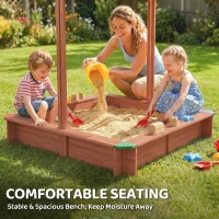 Outsunny Wooden Sandbox with Cover, Kids Sandbox Outdoor with Adjustable Canopy and Seats for Backyard, Beach, Dark Brown(m-6)