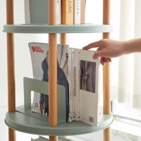 4-Tier Rotating Bookcase with Solid Beech Support Rod, Space-Saving Bookshelf with 6 Bookends, 16.5″ L x 16.5″ W x 33″ H, Blue(m-10)