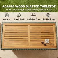 Outsunny 5 Piece Wicker Outdoor Bar Set, Acacia Wood Outdoor High Top Table and Chairs with 3 Tier Shelves, Cushions, Gray(m-5)