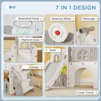 Qaba 9 in 1 Toddler Slide with Basketball Hoop, Climber, Telescope, Tunnel, Steering Wheel, for 1-3 Years, Grey(m-4)