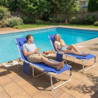 Outsunny Tanning Chair Set of 2 with Face Hole and Side Table, 5-Position Folding Outdoor Chaise Lounge Chair, Navy Blue(m-10)