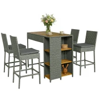 Outsunny 5 Piece Wicker Outdoor Bar Set, Acacia Wood Outdoor High Top Table and Chairs with 3 Tier Shelves, Cushions, Gray(m-11)