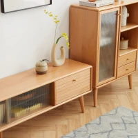 Modern TV Cabinet with High-Quality Glass Doors, Sturdy TV Stand with 2 Pull-Out Drawers, 71″ L x 12.5″ W x 16.5″ H, Natural Wood(m-4)