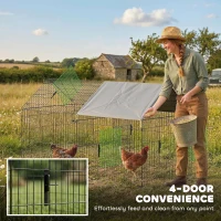 PawHut Metal Chicken Coop, Large Chicken Run with Water-Resistant & Anti-UV Cover for 2-3 Hens, Outdoor Hen House with 4 Doors(m-5)