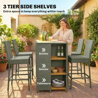 Outsunny 5 Piece Wicker Outdoor Bar Set, Acacia Wood Outdoor High Top Table and Chairs with 3 Tier Shelves, Cushions, Gray(m-4)