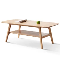 Sturdy Coffee Table with 2-Tier Storage Shelf & Wood‑Grain Top, Safe Center Table with Rounded Corners, 39.5″ L x 19.5″ W x 17.5″ H, Oak(m-2)