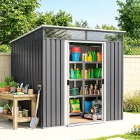 Outsunny 6.5x4FT Galvanised Metal Shed with Foundation Kit, Lockable Garden Tool Storage House with Sliding Doors, Vents, Grey(m-8)