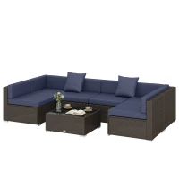 Outsunny 7pc Garden Wicker Sectional Set w/ Tea Table Patio Rattan Lounge Sofa Outdoor Deck Furniture Navy Blue(m-2)
