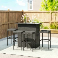 Outsunny 5 Piece Rattan Wicker Bar Set, High Top Outdoor Table and Chairs, Bar Height Patio Set, 2 Shelves & 4 Bar Stools, Gray(m-9)
