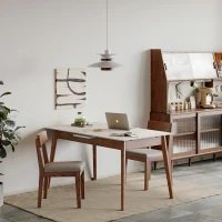 Extendable Dining Table with Stone Slab Tabletop, Sturdy Kitchen Table with Rounded Corners, 59″ L x 31.5″ W x 29.5″ H, White+Walnut(m-4)