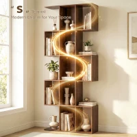 HOMCOM 5-Tier Bookshelf, S Shaped Geometric Bookcase with 15 Compartments, Brown Wood Grain(m-4)