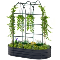 Outsunny Galvanised Raised Garden Bed with Arched Trellis, 5 x 3 x 6ft Metal Outdoor Planter Box with Open Bottom, Dark Gray