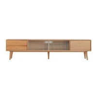 Modern TV Cabinet with High-Quality Glass Doors, Sturdy TV Stand with 2 Pull-Out Drawers, 71″ L x 12.5″ W x 16.5″ H, Natural Wood(m-8)