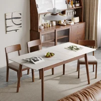 Extendable Dining Table with Stone Slab Tabletop, Sturdy Kitchen Table with Rounded Corners, 59″ L x 31.5″ W x 29.5″ H, White+Walnut(m-1)