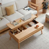Versatile Lift-Top Coffee Table with Hidden 3-Compartment Storage, Practical Center Table with Elevating Work Surface, 39.5″ L x 23.5″ W x 17.5″ H, Natural Wood(m-9)