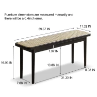 Modern Solid Oak Wood Bench with Handwoven Rattan Seat, Versatile Dining Stool with Sturdy Rounded Legs, 39.5″ L x 11″ W x 17″ H, Black(m-3)