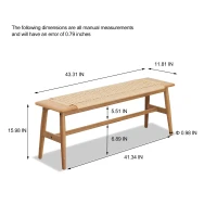Solid Dining Bench with Handwoven Breathable Seat, Durable Wood Bench for Entryway or Dining, 43.5″ L x 12″ W x 16″ H, Oak(m-3)