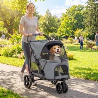 PawHut 3 Wheel Pet Stroller with Easy One-Click Quick Fold, Mesh Window, Washable Cushion, for Medium Dogs, Gray(m-10)