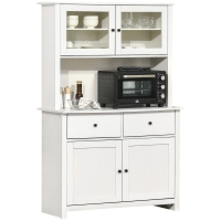 HOMCOM 63.5" Kitchen Buffet with Hutch, Pantry Storage Cabinet with 4 Shelves, Drawers, Framed Glass Doors, Open Microwave Countertop, Antique White