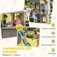 Qaba Two-Story Outdoor Playhouse, Wooden Kids Playhouse with Slide, Bench, BBQ Play Kitchen, Ladder, Lookout Platform, Clock(m-7)