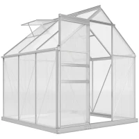Outsunny 6' x 6' x 6.5' Polycarbonate Greenhouse with Aluminum Frame, Walk-in Heavy Duty Green House with Adjustable Roof Vent, Rain Gutter and Sliding Door for Winter, Silver(m-1)