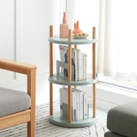 3-Tier Rotating Bookcase with Solid Beech Support Rod, Space-Saving Bookshelf with 6 Bookends, 16.5″ L x 16.5″ W x 33″ H, Blue(m-5)