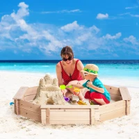 Outsunny Kids Sandbox with Cover, Wooden Sand Box with Seat, Outdoor Children Sand Pit for Backyard, Garden for Ages 3-8, Natural(m-8)