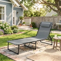 Outsunny Folding Lounge Chair, Adjustable Chaise Lounge with Headrest, Reclining Lounger Cot for Camping, Hiking, Light Grey(m-10)
