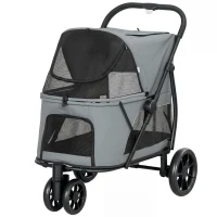 PawHut 3 Wheel Pet Stroller with Easy One-Click Quick Fold, Mesh Window, Washable Cushion, for Medium Dogs, Gray(m-1)