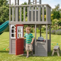 Qaba Two-Story Outdoor Playhouse, Wooden Kids Playhouse with Slide, Bench, BBQ Play Kitchen, Ladder, Lookout Platform, Clock(m-9)