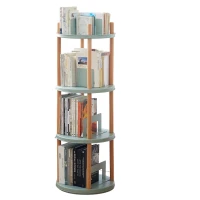 4-Tier Rotating Bookcase with Solid Beech Support Rod, Space-Saving Bookshelf with 6 Bookends, 16.5″ L x 16.5″ W x 33″ H, Blue(m-15)