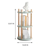3-Tier Rotating Bookcase with Solid Beech Support Rod, Space-Saving Bookshelf with 6 Bookends, 16.5″ L x 16.5″ W x 33″ H, Blue(m-3)