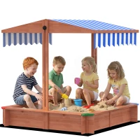 Outsunny Wooden Sandbox with Cover, Kids Sandbox Outdoor with Adjustable Canopy and Seats for Backyard, Beach, Dark Brown(m-11)