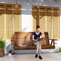 Outsunny 3-Seater Swing Bench, Wooden Porch Swing with Cupholders, Hanging Chains for Patio Garden, Carbonized(m-8)