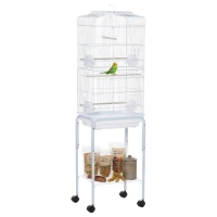 PawHut 60" Metal Indoor Bird Cage Starter Kit with Detachable Rolling Stand, Storage Basket, and Accessories, White(m-1)