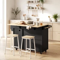 HOMCOM Kitchen Island with Drop Leaf, Rolling Kitchen Cart with Power Outlet, Cabinet, 3 Drawers, Spice Rack, Towel Bar, Black(m-1)