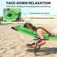Outsunny Folding Chaise Lounge Chair, Reclining Beach Tanning Chair with Face Hole, Pillow, 4-Position Adjustable Lay Flat Sun Lounger, Steel Frame for Outdoor Patio Pool, Green(m-4)
