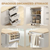HOMCOM Kitchen Island with Drop Leaf, Rolling Kitchen Cart with Power Outlet, Cabinet, 3 Drawers, Spice Rack, Towel Bar, White(m-6)