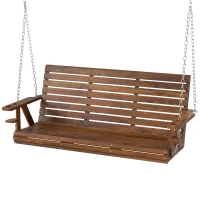 Outsunny 3-Seater Swing Bench, Wooden Porch Swing with Cupholders, Hanging Chains for Patio Garden, Carbonized(m-2)