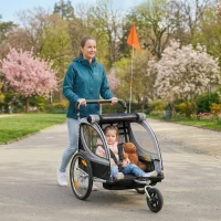 Aosom 2 Seat Bike Trailer for Kids 2-in-1 Baby Stroller with Handbrake, Rubber Wheels, 5 Point Harness, Reflectors, Grey(m-8)