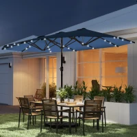 Outsunny Garden Parasol 14.4ft Double-Sided Sun Umbrella with Base, Patio Parasol with LED Solar Lights, Navy Blue(m-2)